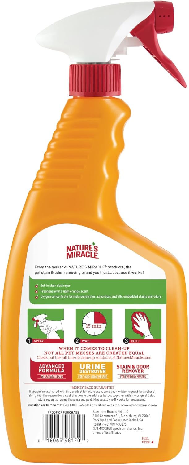 Super-oxygenated cat urine stain destroyer for deep carpet cleaning.