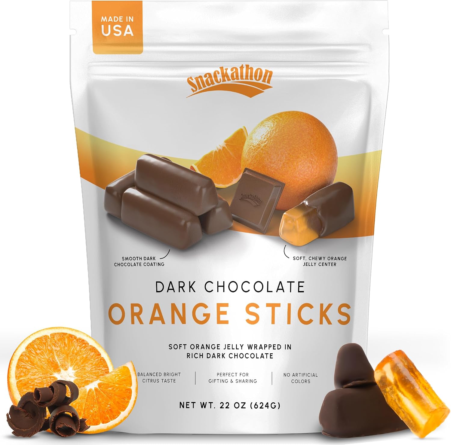 Snackathon Dark Chocolate Orange Sticks 22 Ounce resealable bag front view