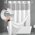 YellyHommy no hook waffle shower curtain front view hanging in white bathroom