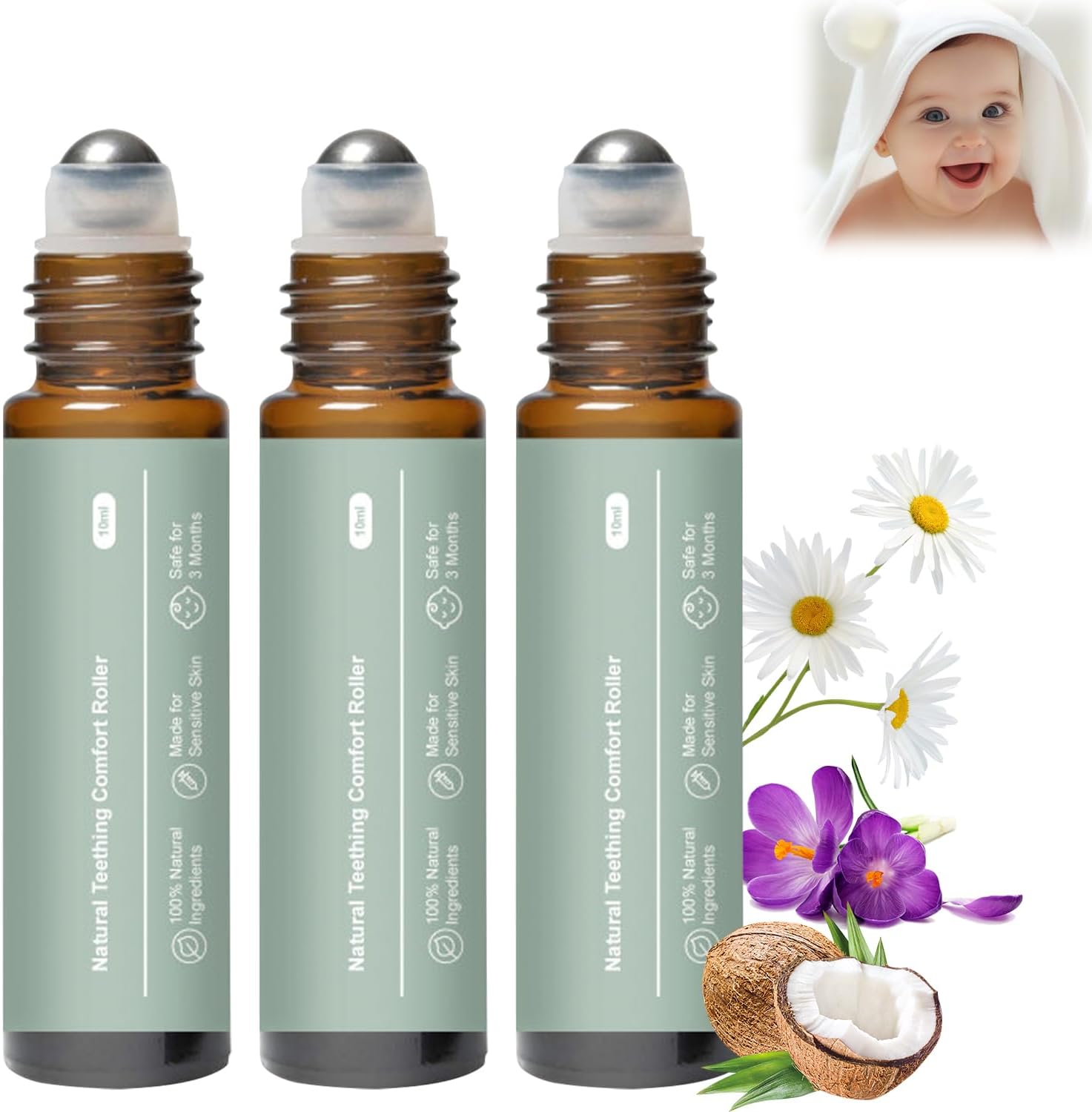 Huatinent Mamas Teether natural teething relief oil roller 3 pack front view