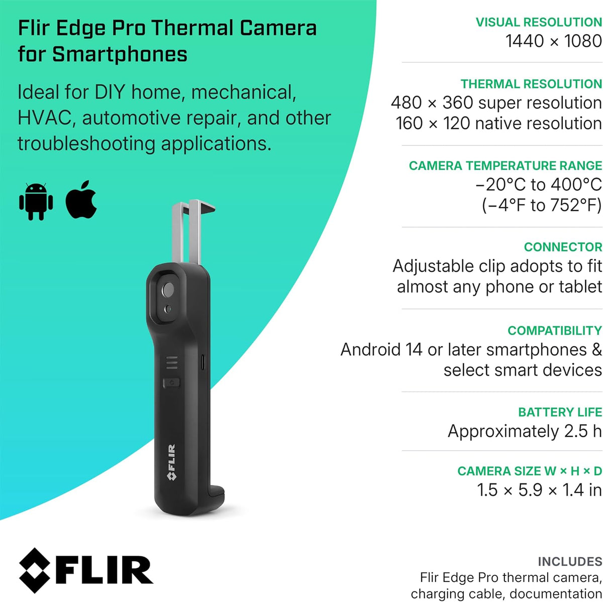 Flir Edge Pro Wireless Thermal Imaging Camera, iOS/Android, 480x360 | Bluetooth, MSX, 160x120 native IR, smartphone/tablet, IGNITE cloud, 2m drop, USB cable - Image 9