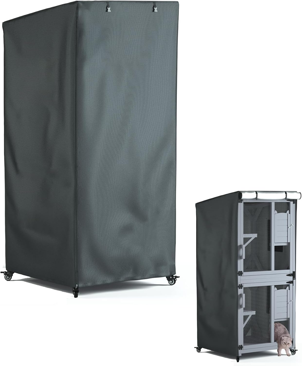 Seal Bailey outdoor cat house cover front view showcasing grey heavy duty waterproof fabric over a tall feral cattery