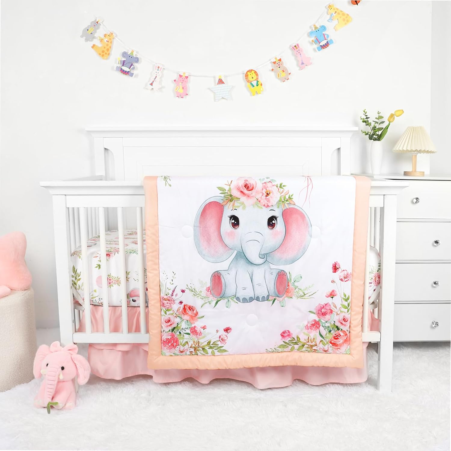 Man Fai Sky baby crib bedding set for girls front view showing pink watercolor elephant comfort quilt
