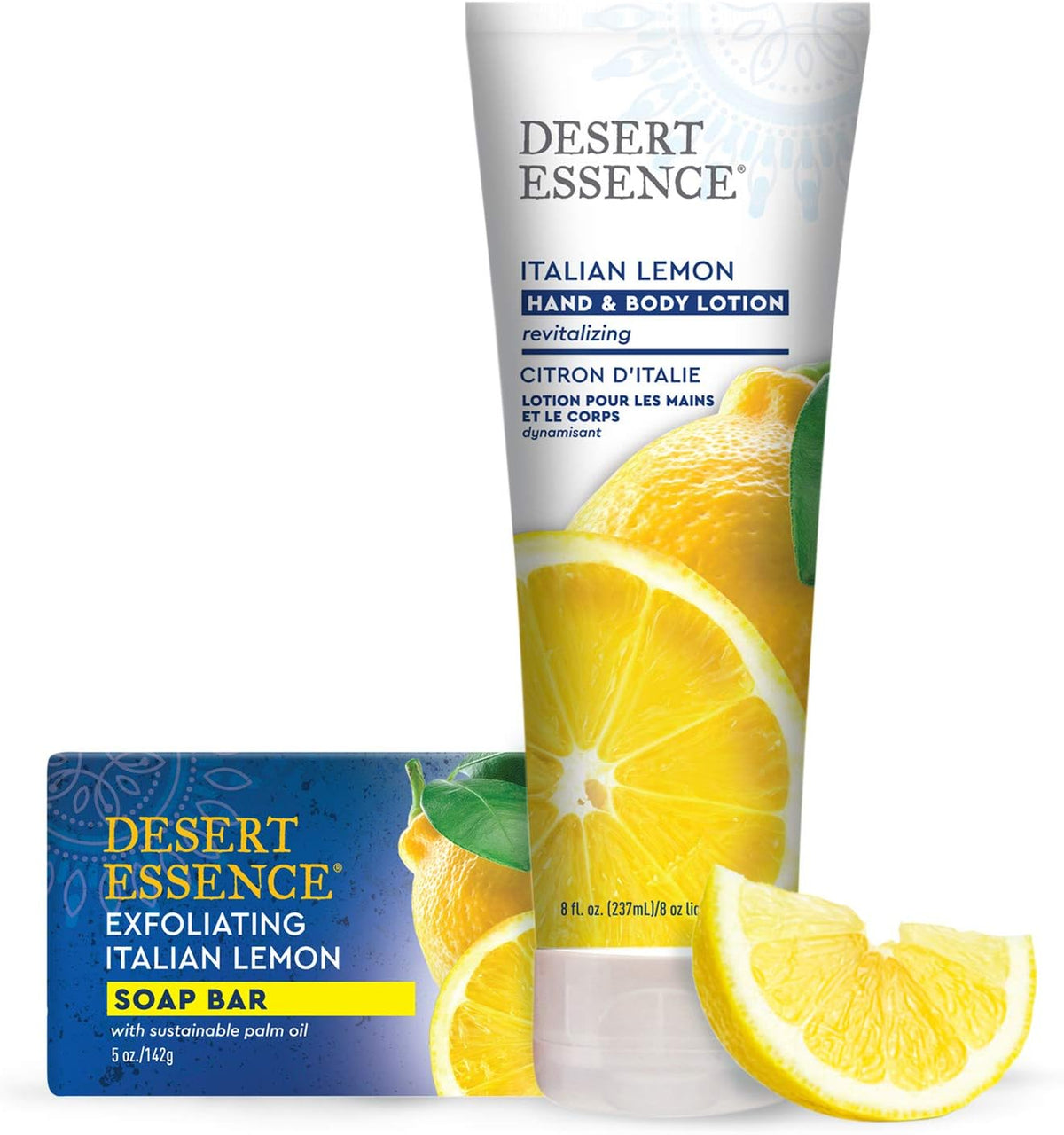 Desert Essence Italian lemon hand and body lotion lifestyle flatlay