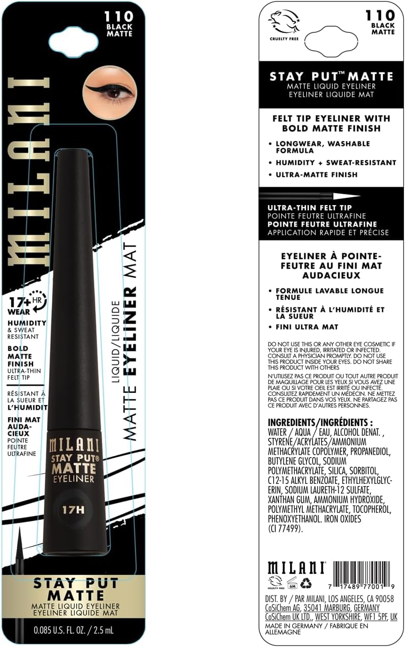Milani seventeen hour wear matte liquid eyeliner precision tip close up
