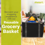 Meori collapsible market tote shown folded flat with elastic band secured.