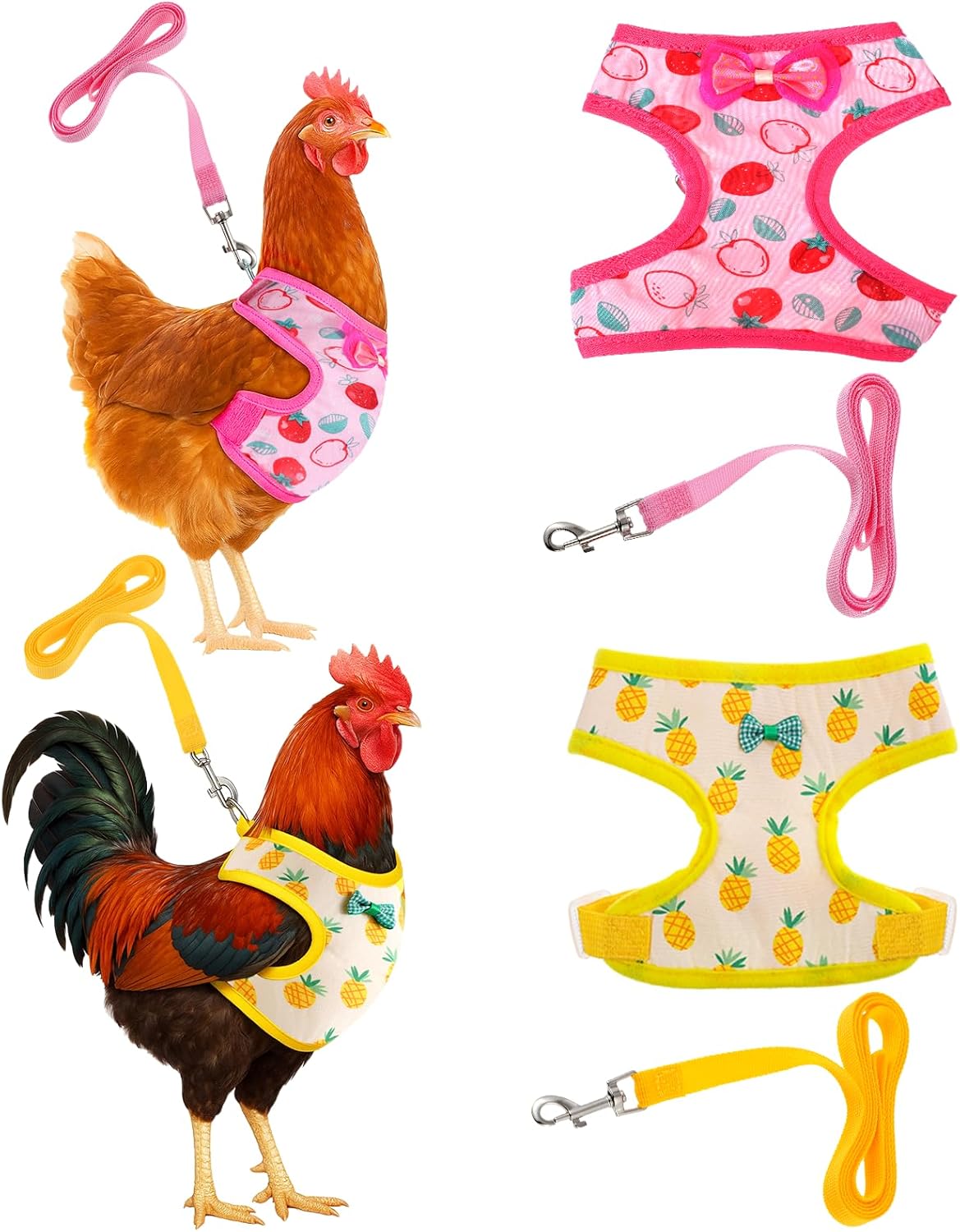 Prasacco adjustable chicken harness and leash set front view displaying the pink strawberry and yellow pineapple prints