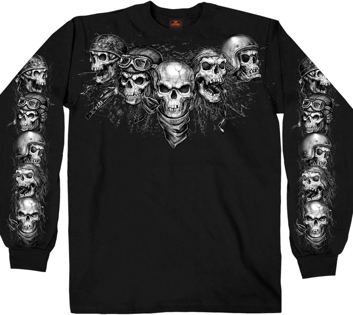 Hot Leathers Unisex Adult Tattoo Five Skulls Long Sleeve Biker Shirt front view showing graphic artwork across the chest