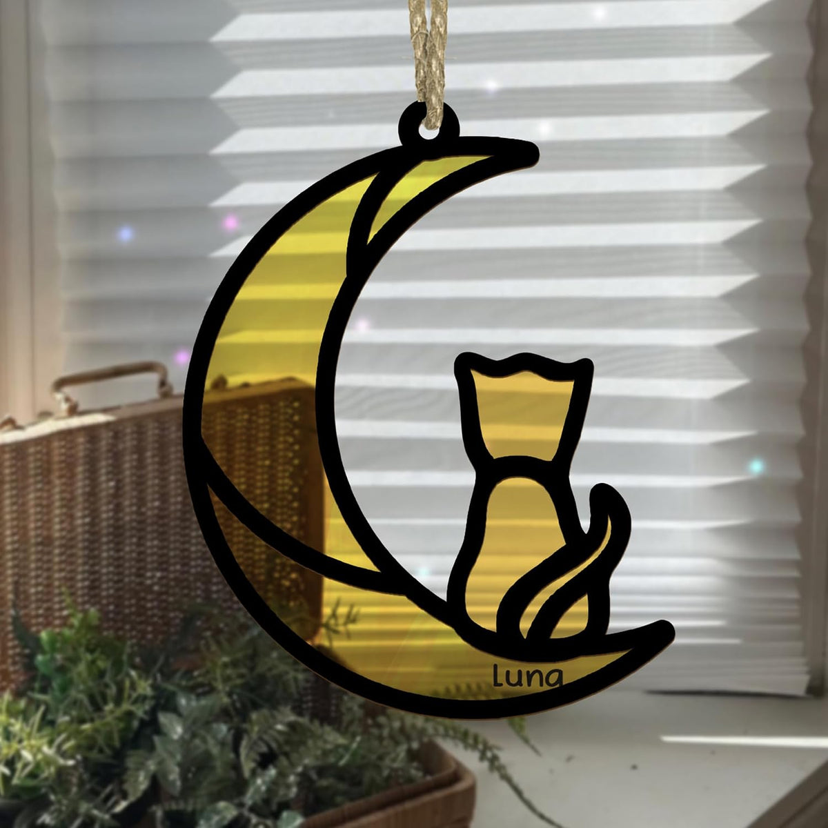 AlpadilAndCo cat lover gift acrylic window hanging with gold cord