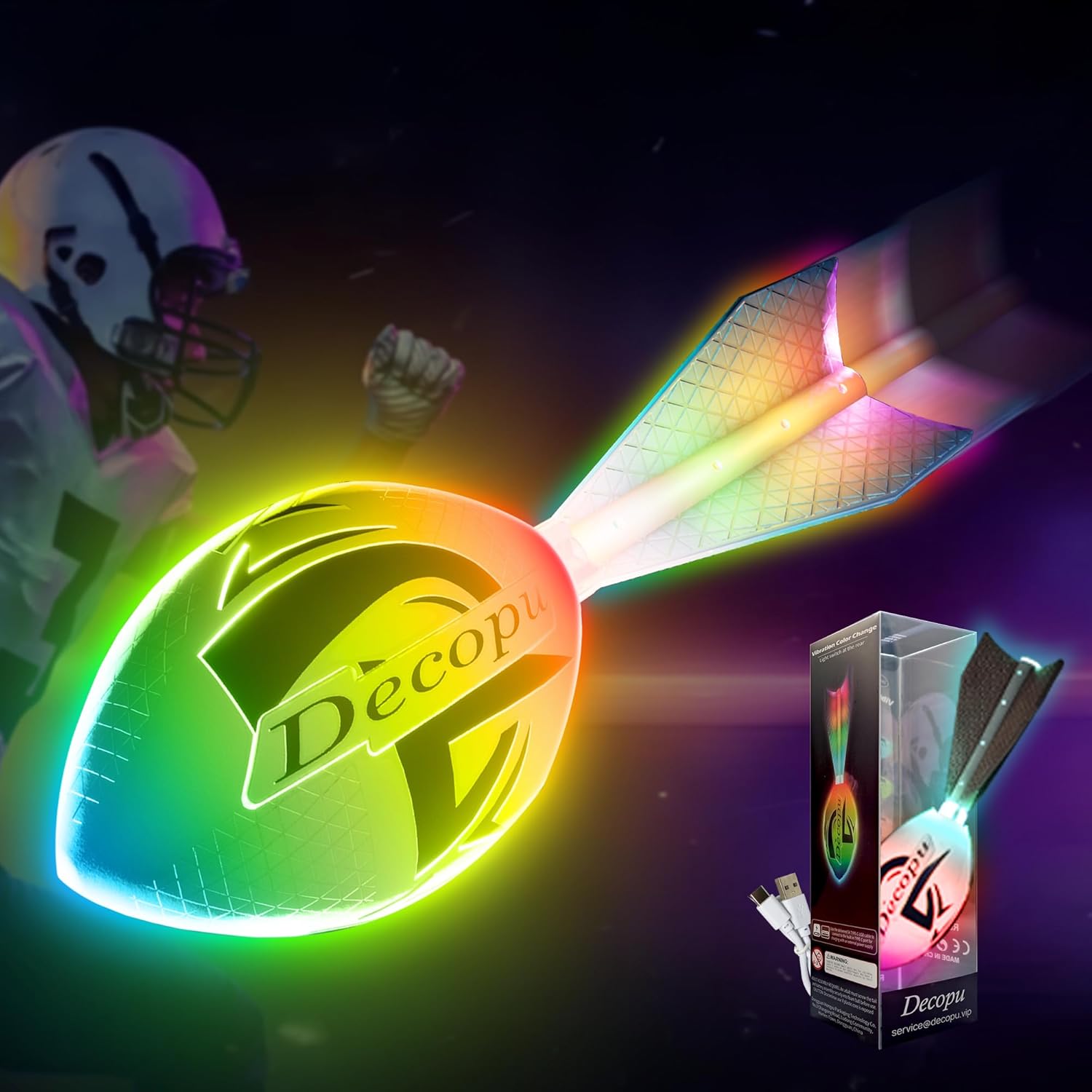 KASTUMBGA Rechargeable Glow in the Dark Light Up Football front view showing glowing multi-color LED illumination