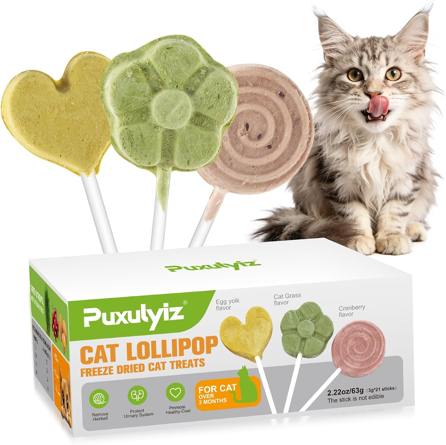 Puxulyiz freeze dried cat lollipop treats front package view featuring interactive cat grass teething sticks.