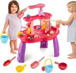 ZACEAC three tier kids sand and water table front view showing pink and purple sensory levels