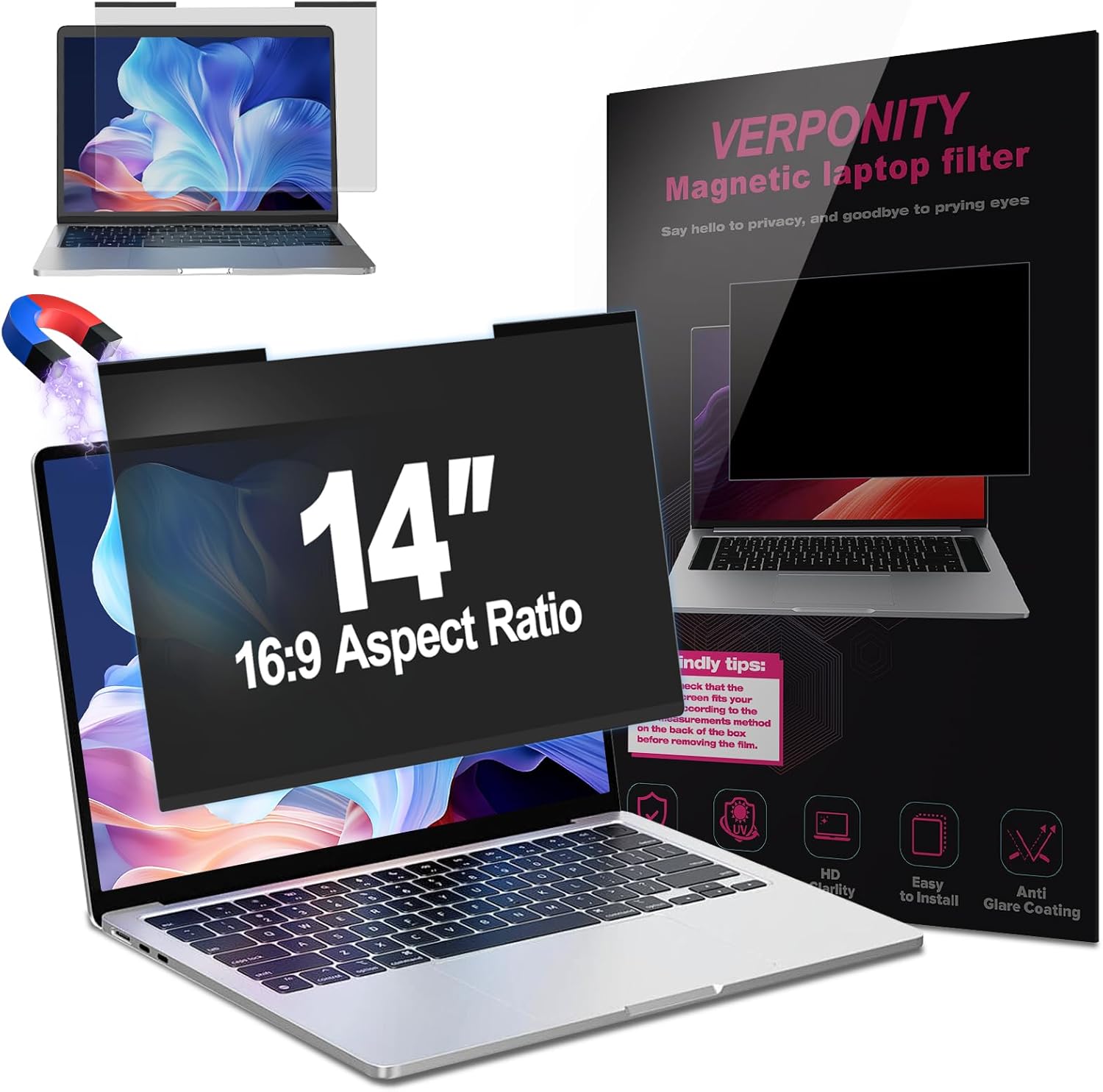 Verponity magnetic laptop privacy screen 14 inch front view showing clear display clarity