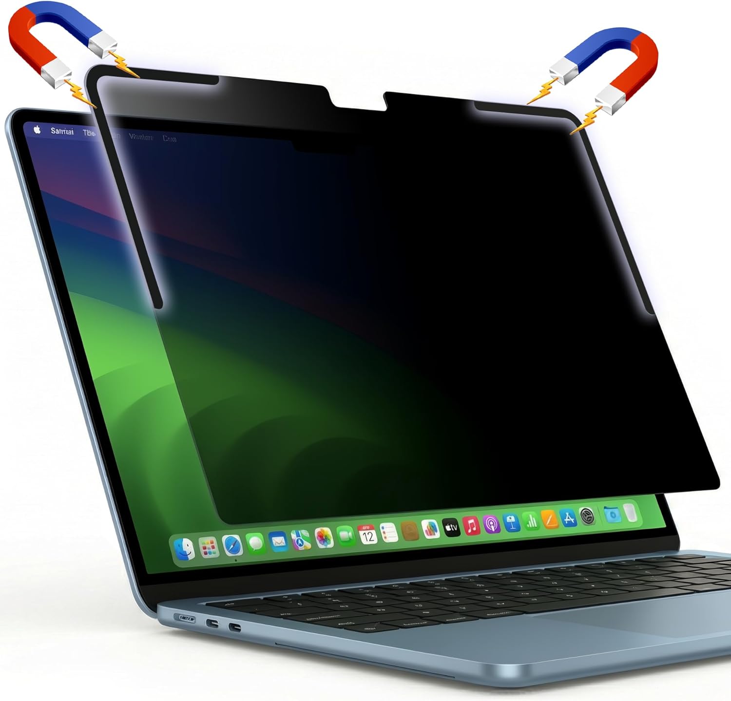 Afterplug magnetic privacy screen filter on MacBook Air front view