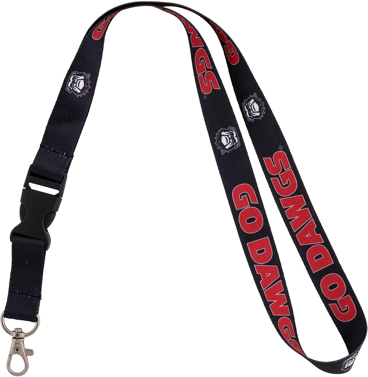 UGA Dawgs black lanyard showing quick-release buckle mechanism