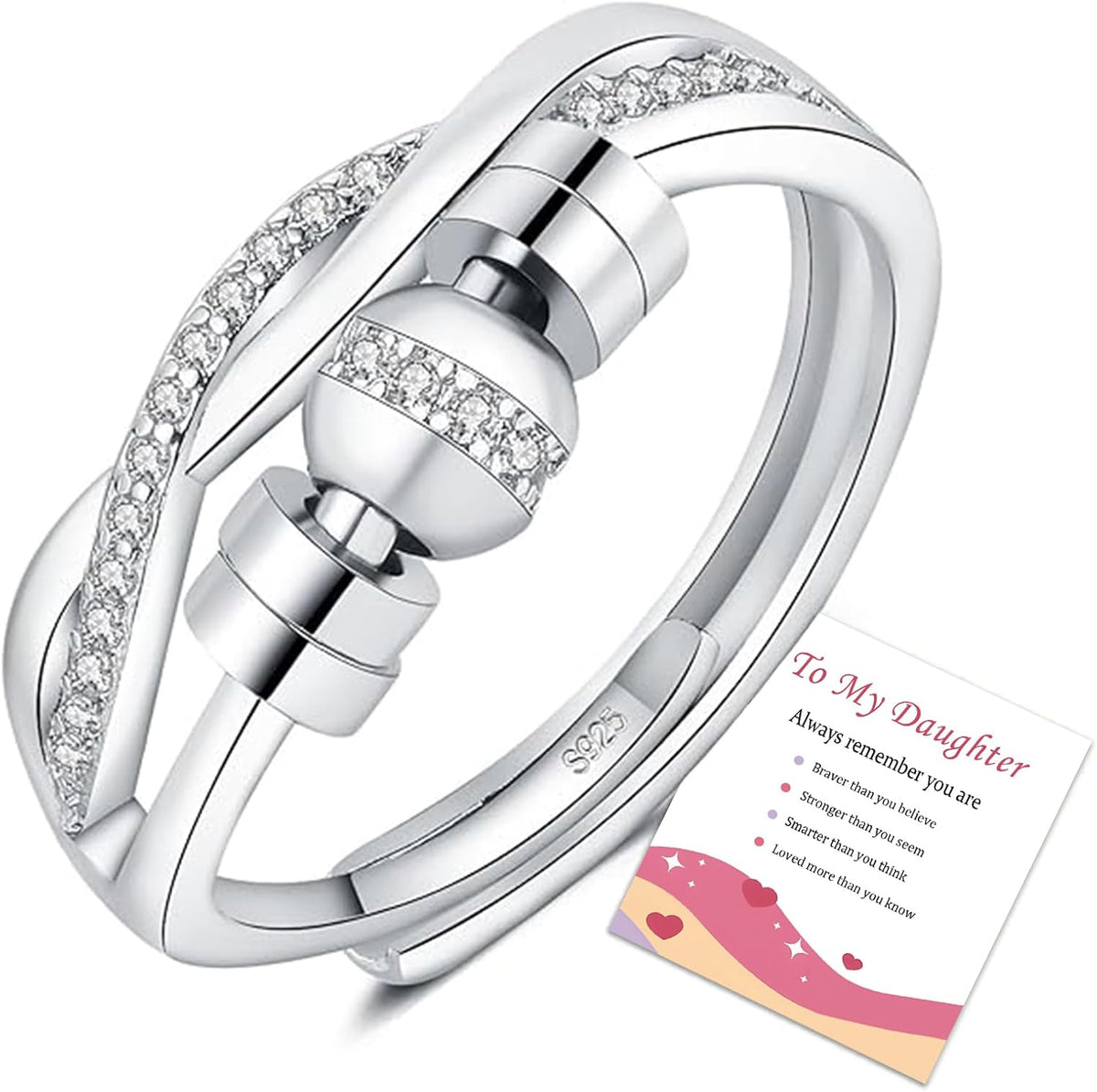 HEEYA anxiety rings for women showcasing the front view of the sterling silver spinner band.