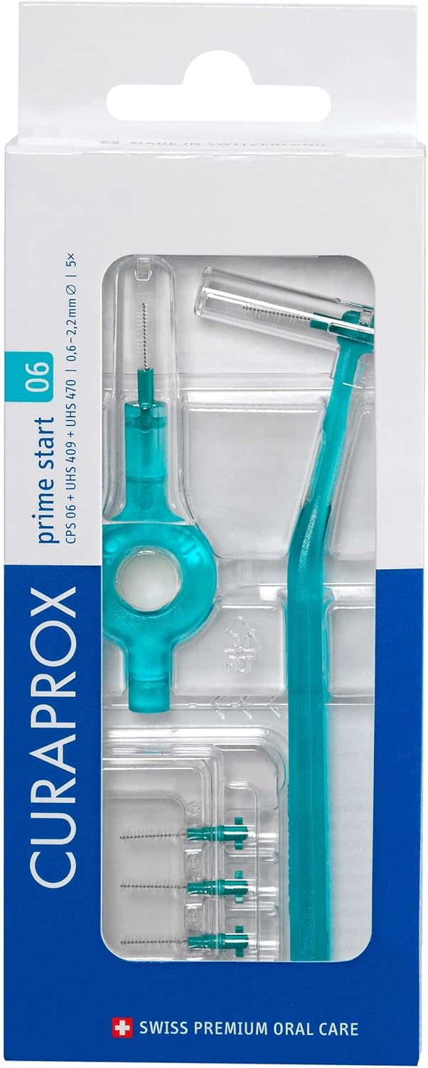Curaprox CPS 06 Prime Start Interdental Brushes Set, 5 interdental Brushes CPS 06 Prime + 1 Holder UHS 409 + 1 Holder UHS 470, 0.6 mm to 2.2 mm, Turquoise - Image 1