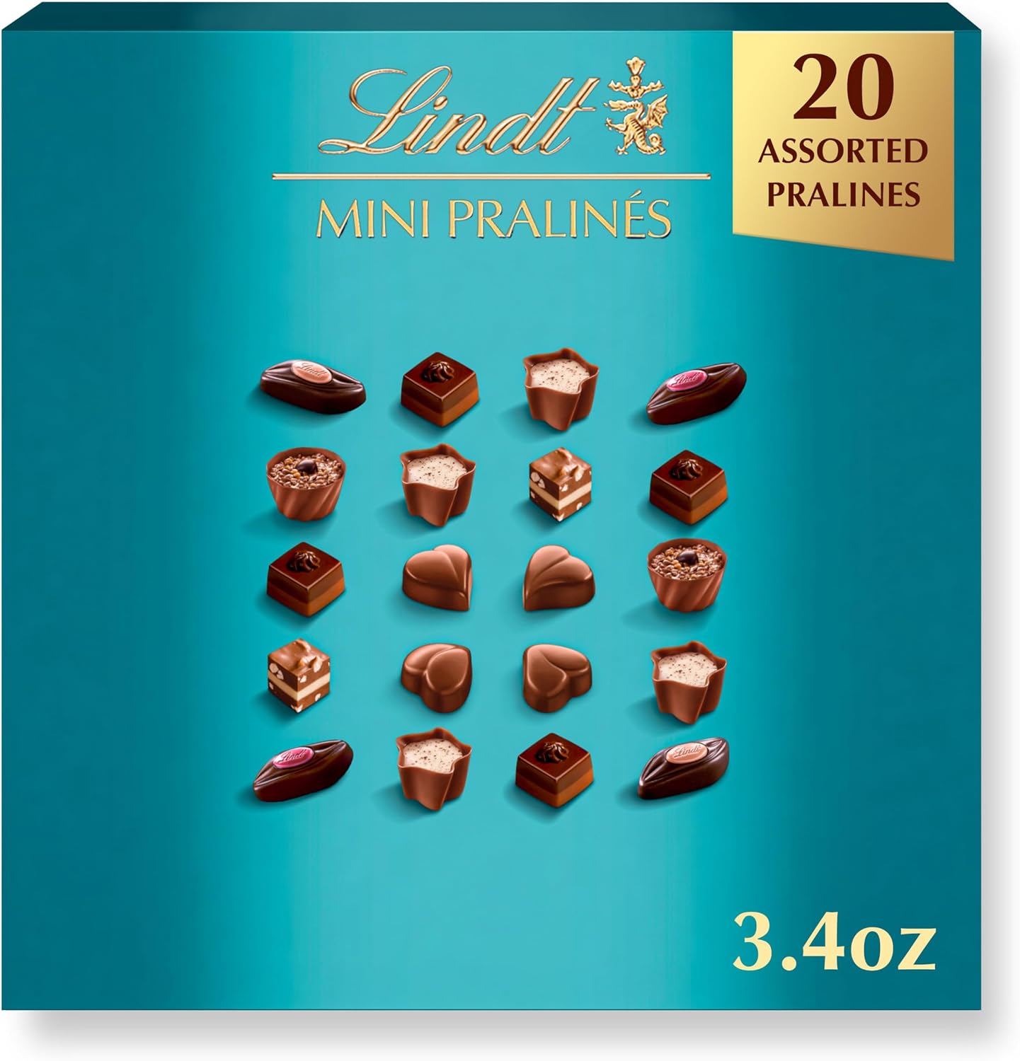 Lindt Mini Pralines Assorted Chocolate Gift Box front view showing twenty gourmet chocolates
