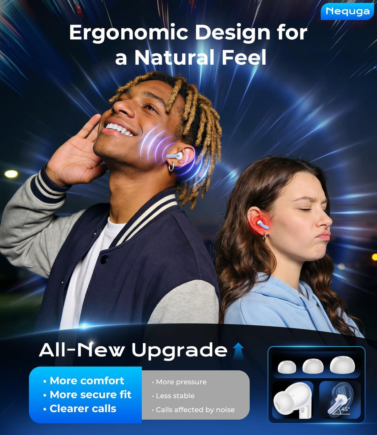 Nequga wireless earphones side profile showing ergonomic fit