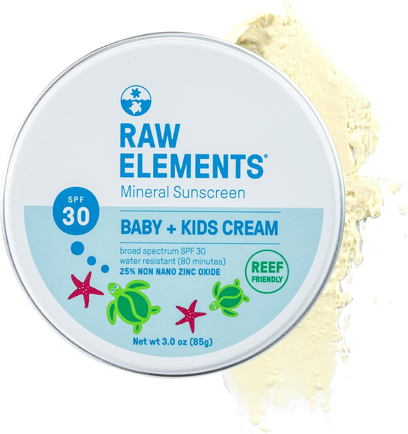 Raw Elements baby kids sunscreen front tin view