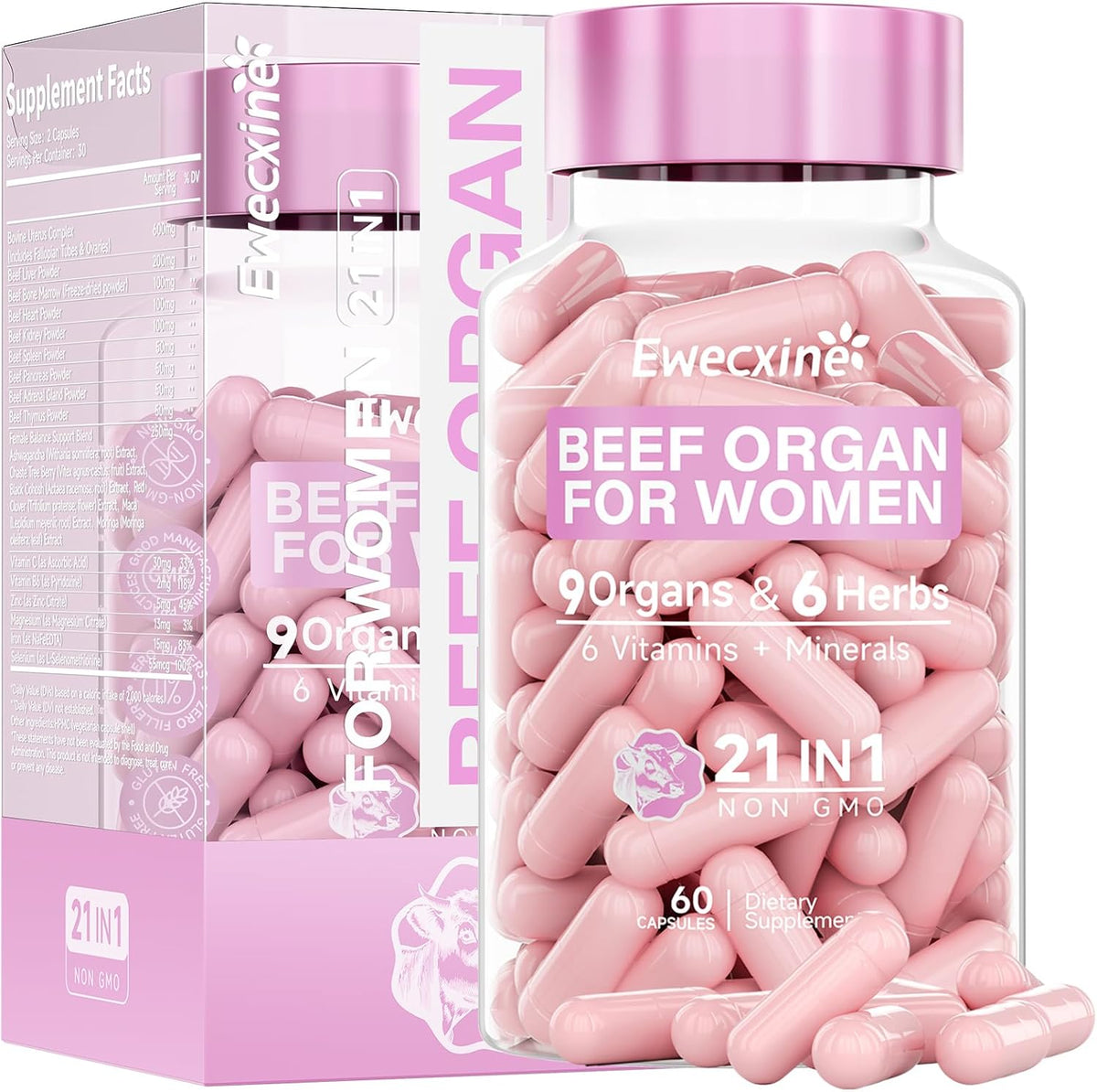 Ewecxine Women’s Beef Organ Herbal Complex 60 Capsules front view