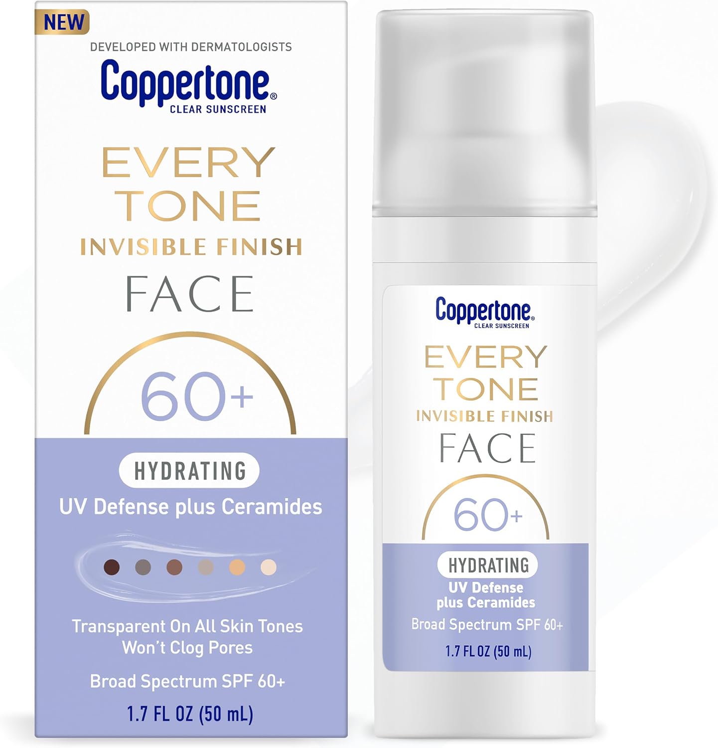 Coppertone Every Tone Invisible Finish Hydrating Face Sunscreen SPF 60 front view pump bottle buy online