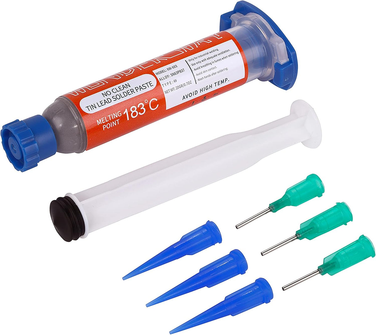 Wonderway tin lead solder paste front view showing syringe packaging.