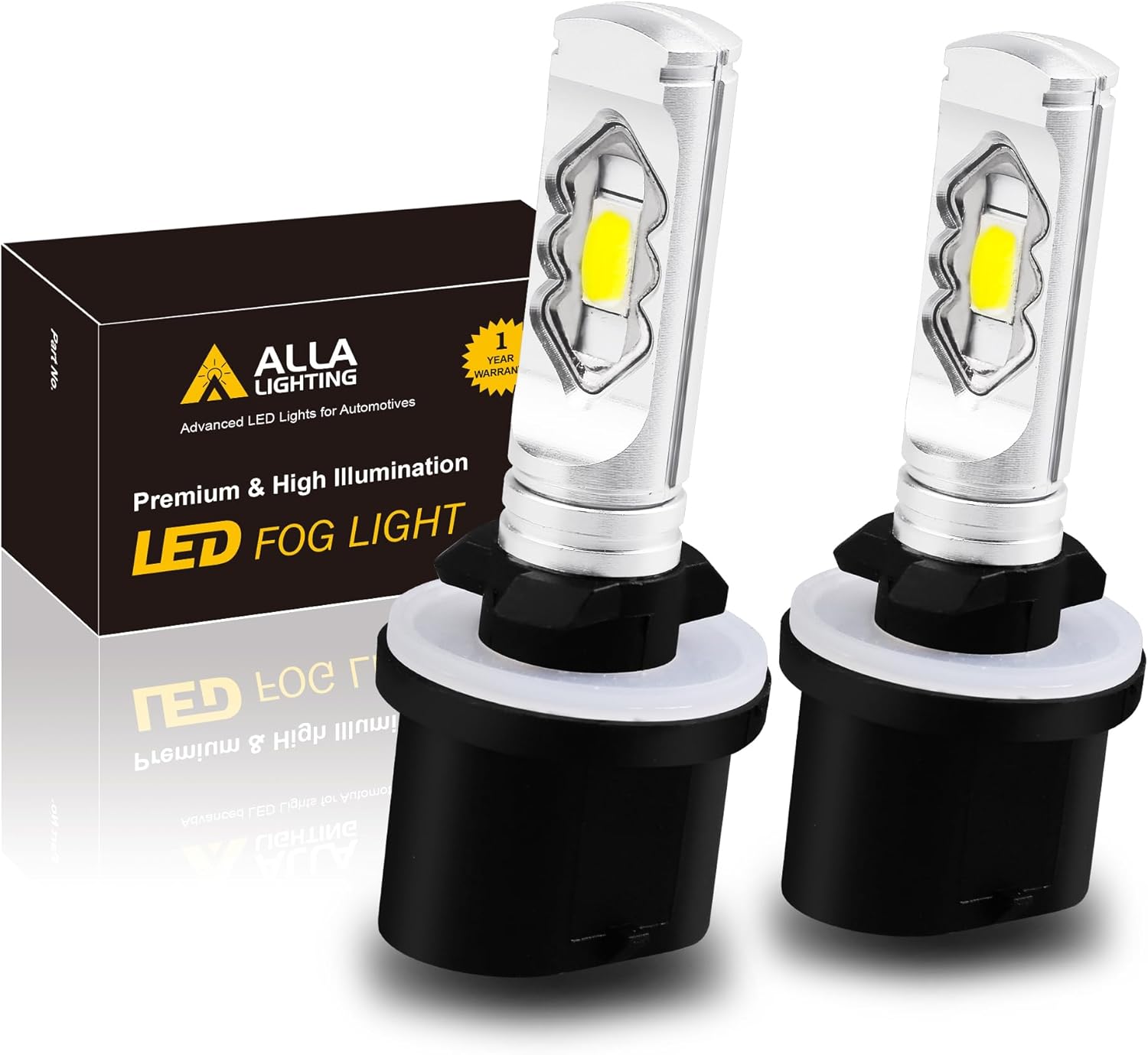 Alla Lighting 880 LED fog light bulbs front view showing premium silver aviation aluminum body