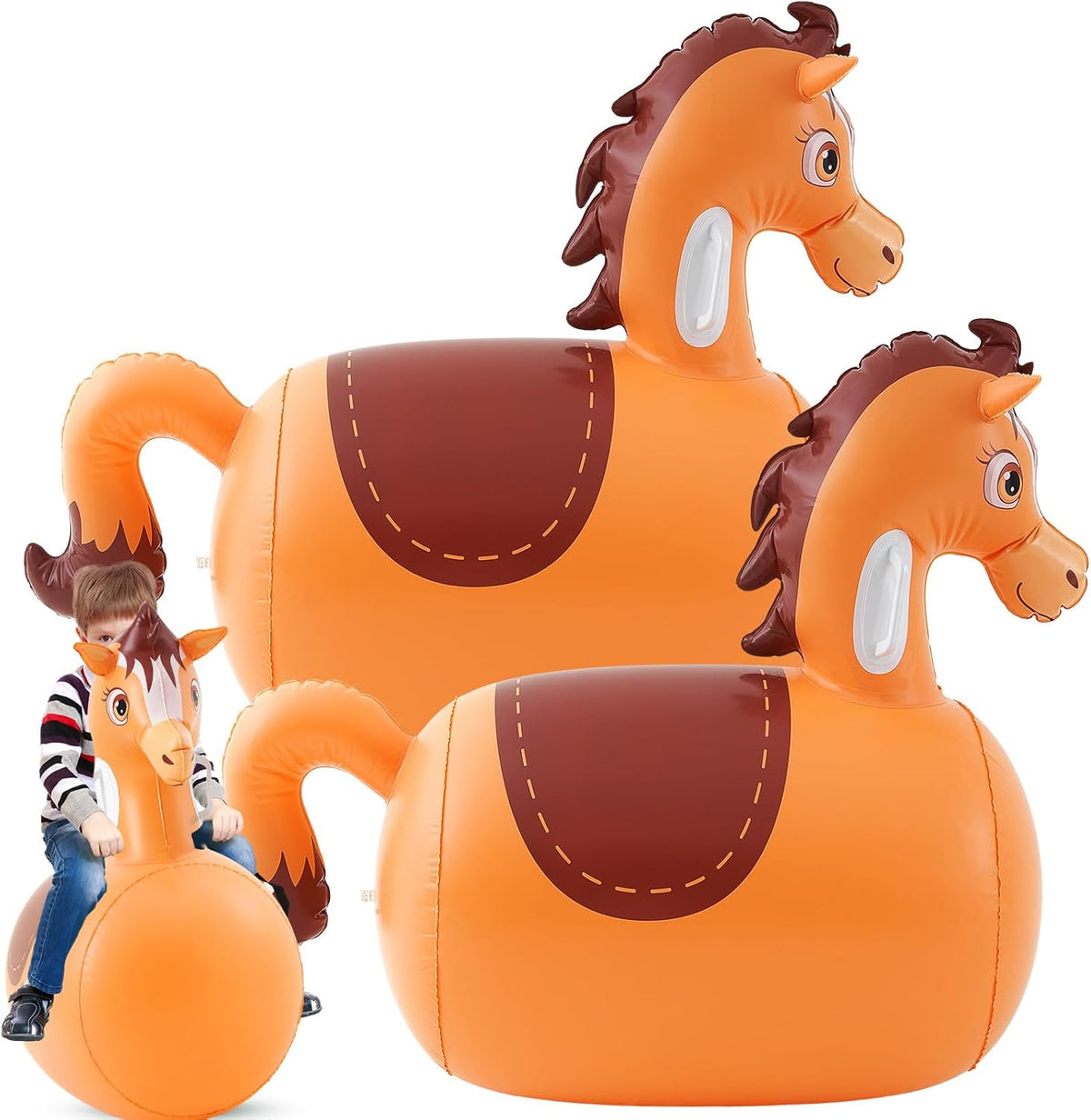 Hiboom giant inflatable hopping toys horse front view of two green bouncers