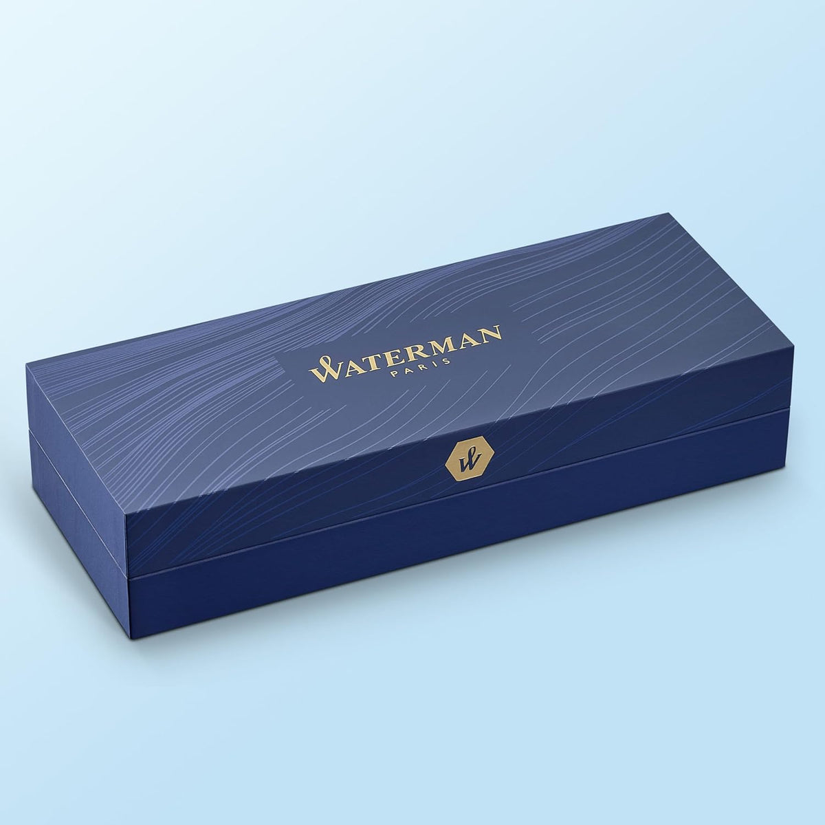 Waterman stainless steel pen barrel texture and polished metal accents.