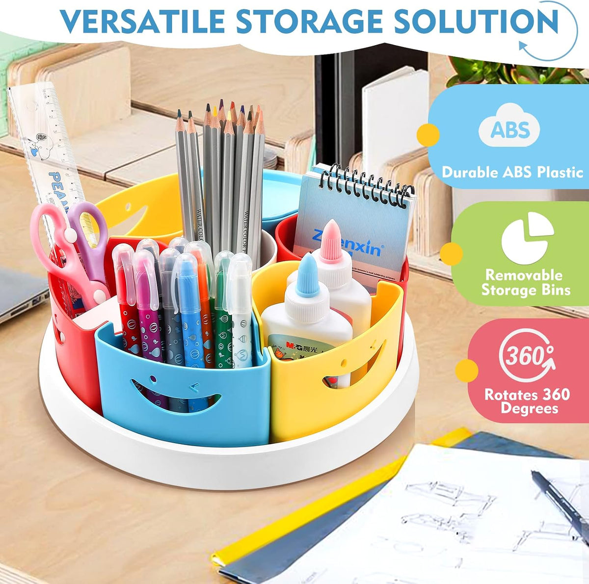 MeCids spinning pen holder displaying seven colorful removable compartments