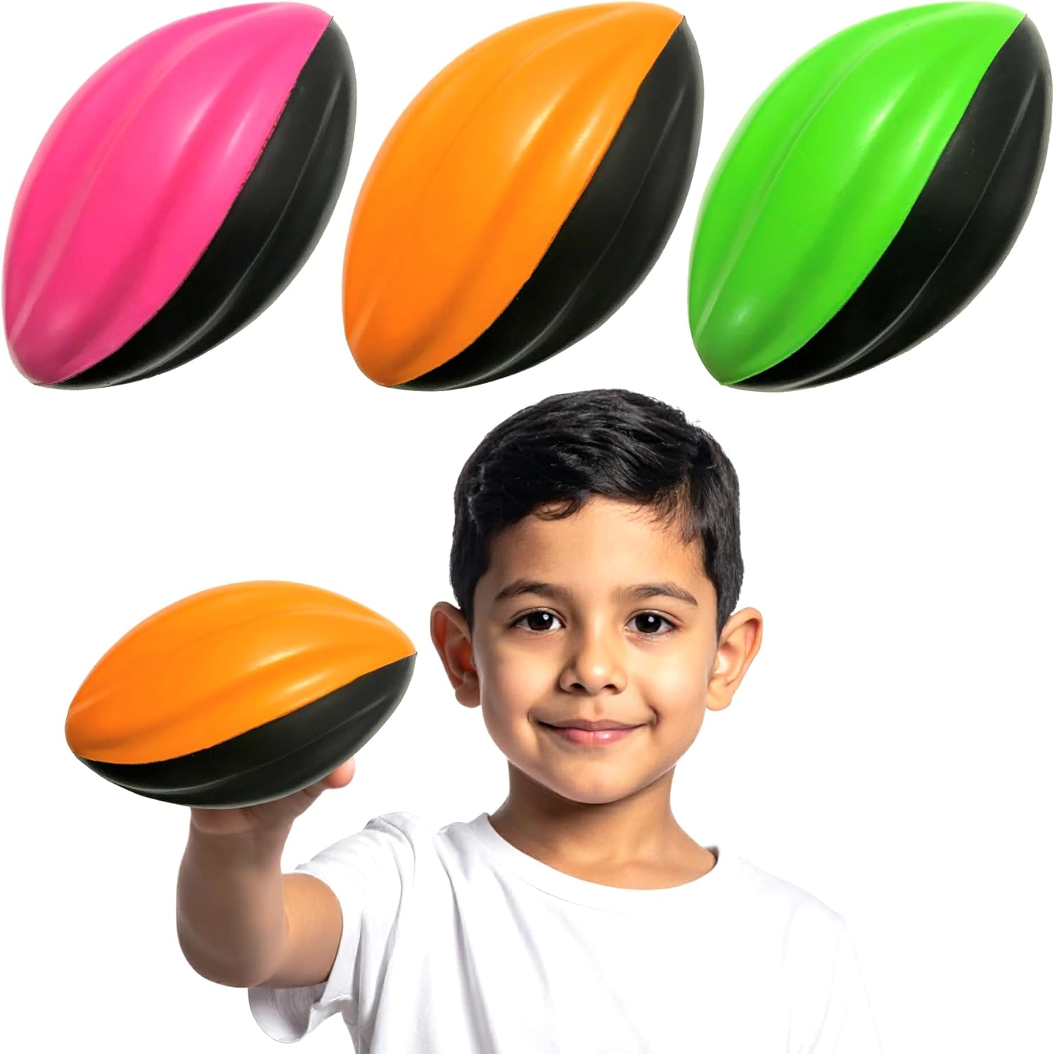 Blu Jay LMC Products mini foam football 3 pack front view showing neon pink orange and green options.