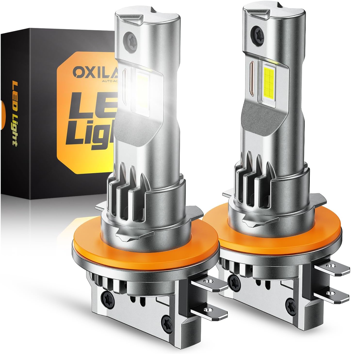 OXILAM H11B LED Light Bulbs front view showcasing the dual sided chips and wireless plug design.