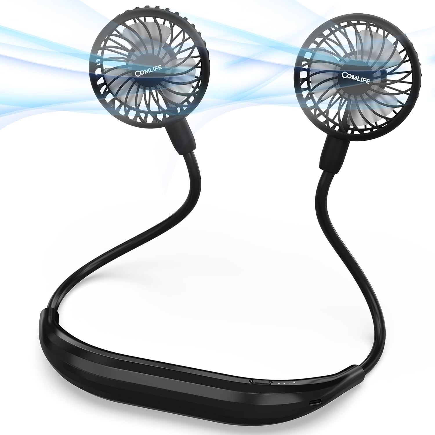 COMLIFE portable neck fan front view showing black dual fans and flexible band