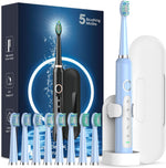Rtauys R6 rechargeable sonic electric toothbrush in light blue front view showing the power button and mode indicators.