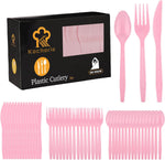 Kochorie pink plastic cutlery set front view of heavy duty disposable flatware pack
