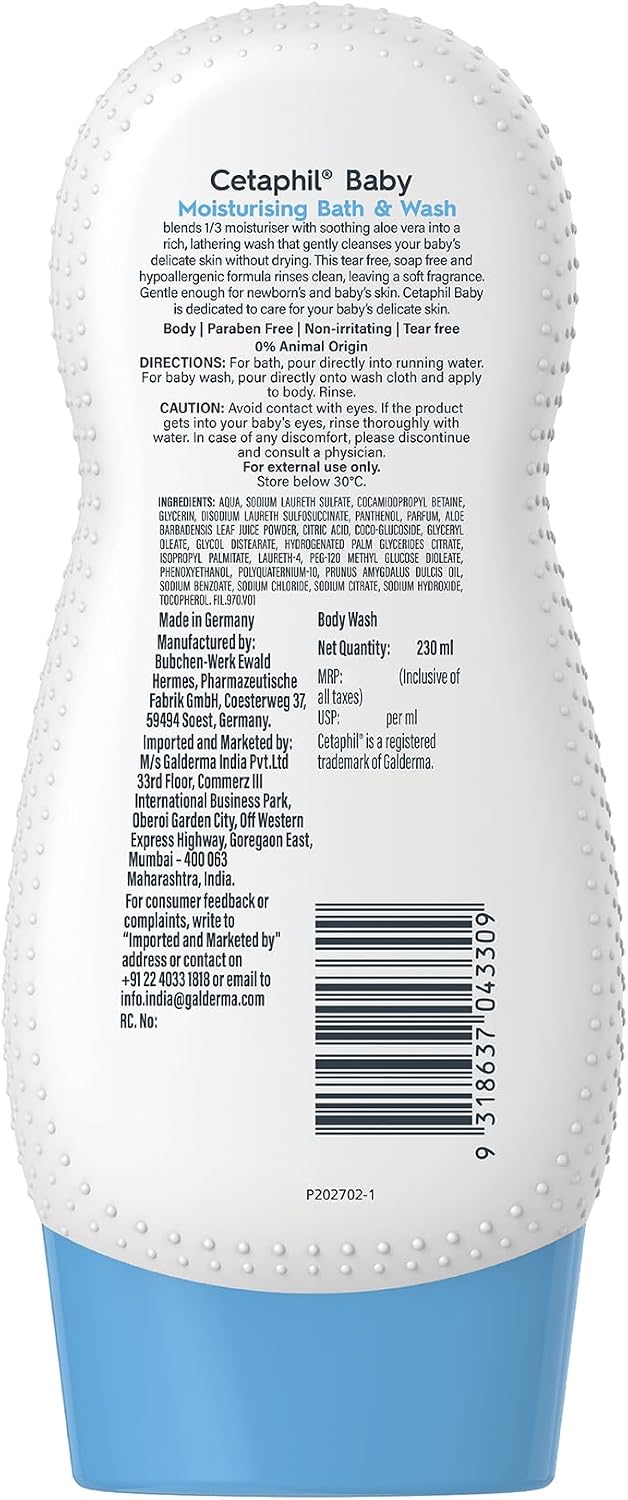 Cetaphil Baby Moisturising Bath & Wash 230ml | Tear-Free Bath & Wash Cleanser | Gentle Soap-Free Formula for Newborn, Baby Bath & Wash for Sensitive Skin | Dermatologist Tested, Hypoallergenic Moisturising Cleanser for Baby - Image 9