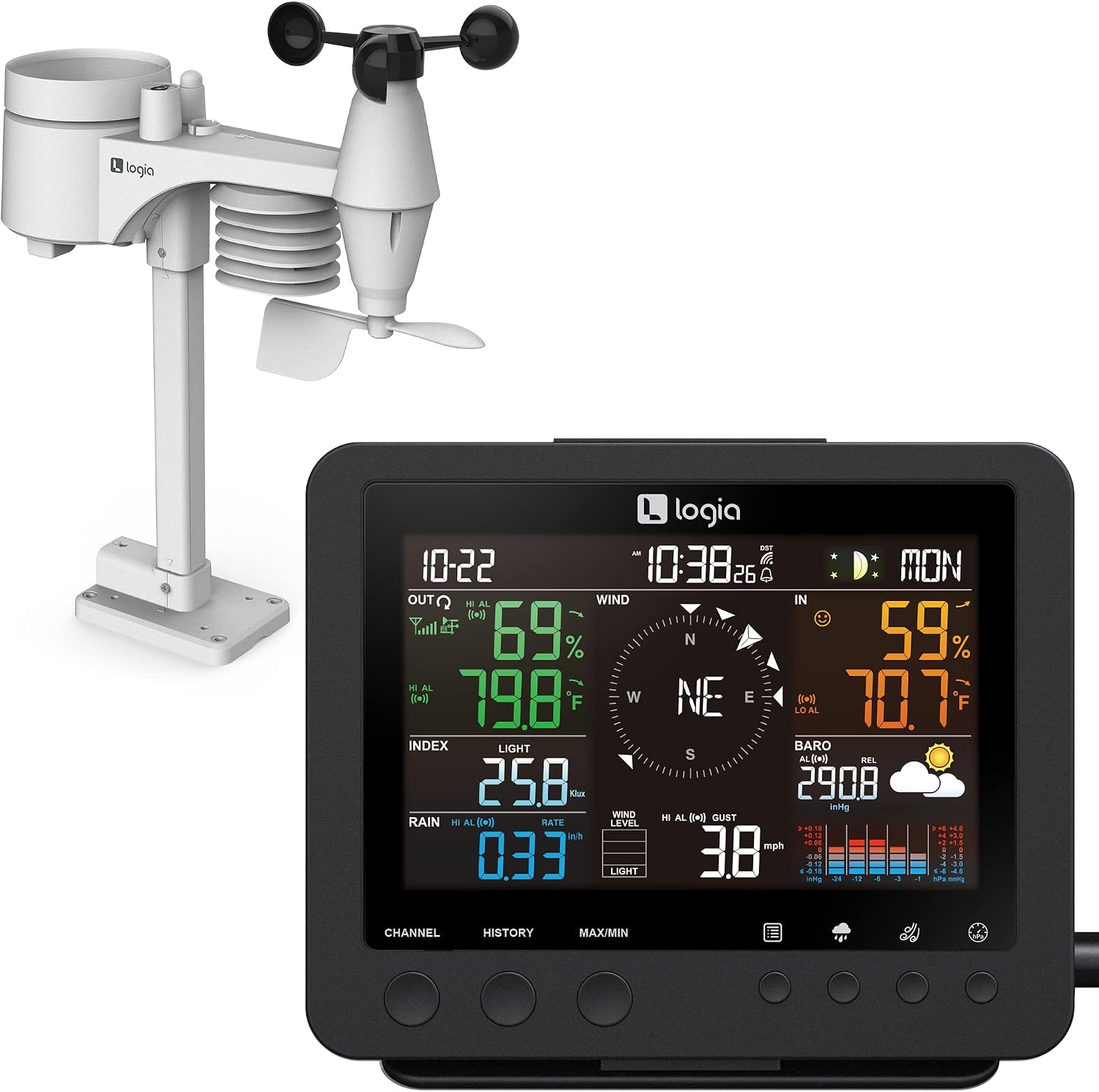 Logia 17-in-1 weather station front view showing color display console