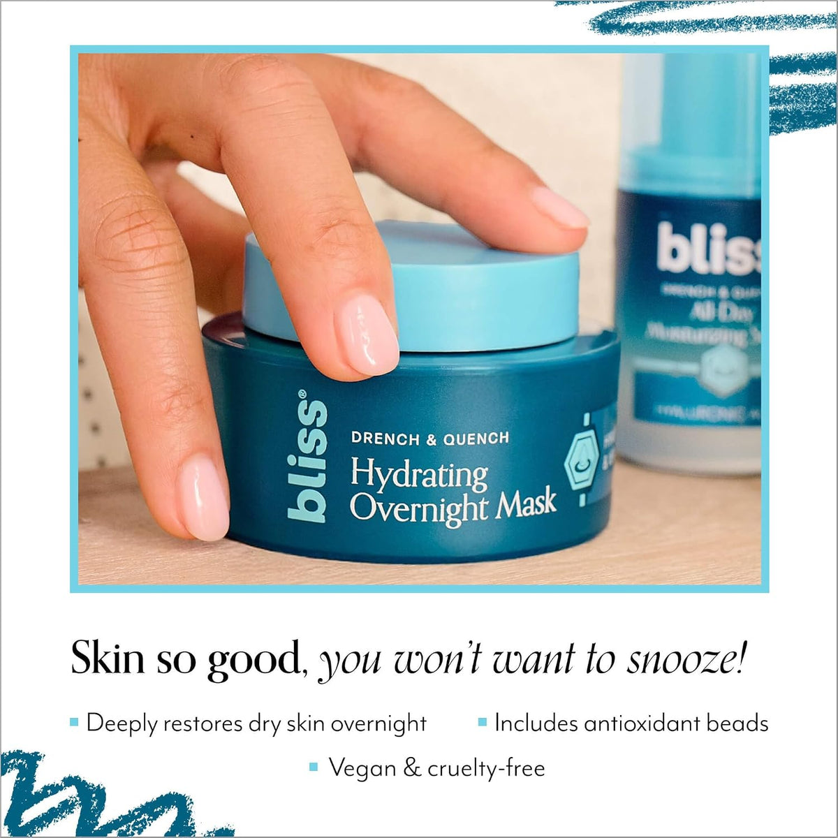 Bliss overnight mask open jar displaying the smooth leave-on formula for skin elasticity