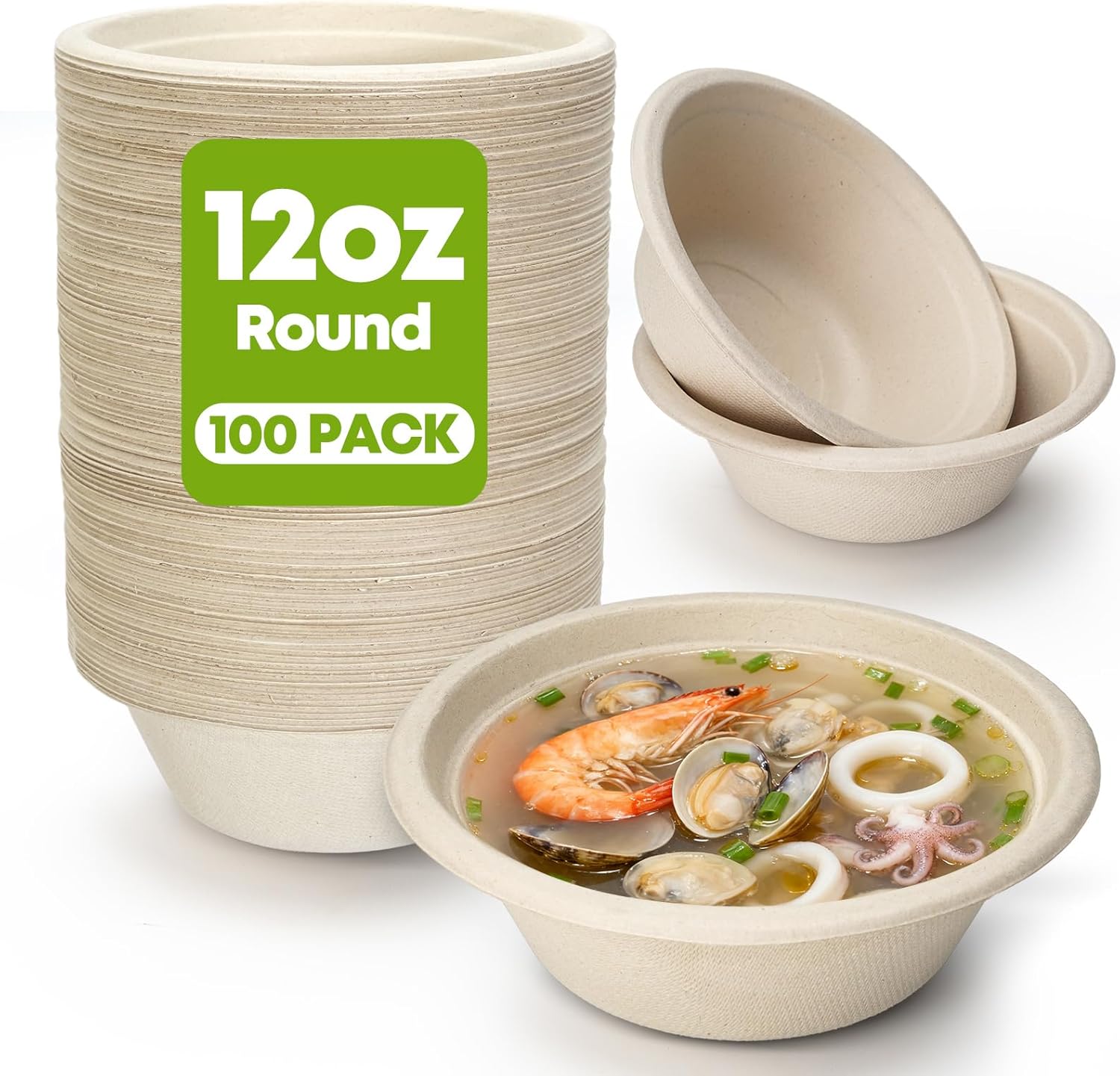 W&Y 12 fluid ounce compostable sugarcane fiber paper bowls front view