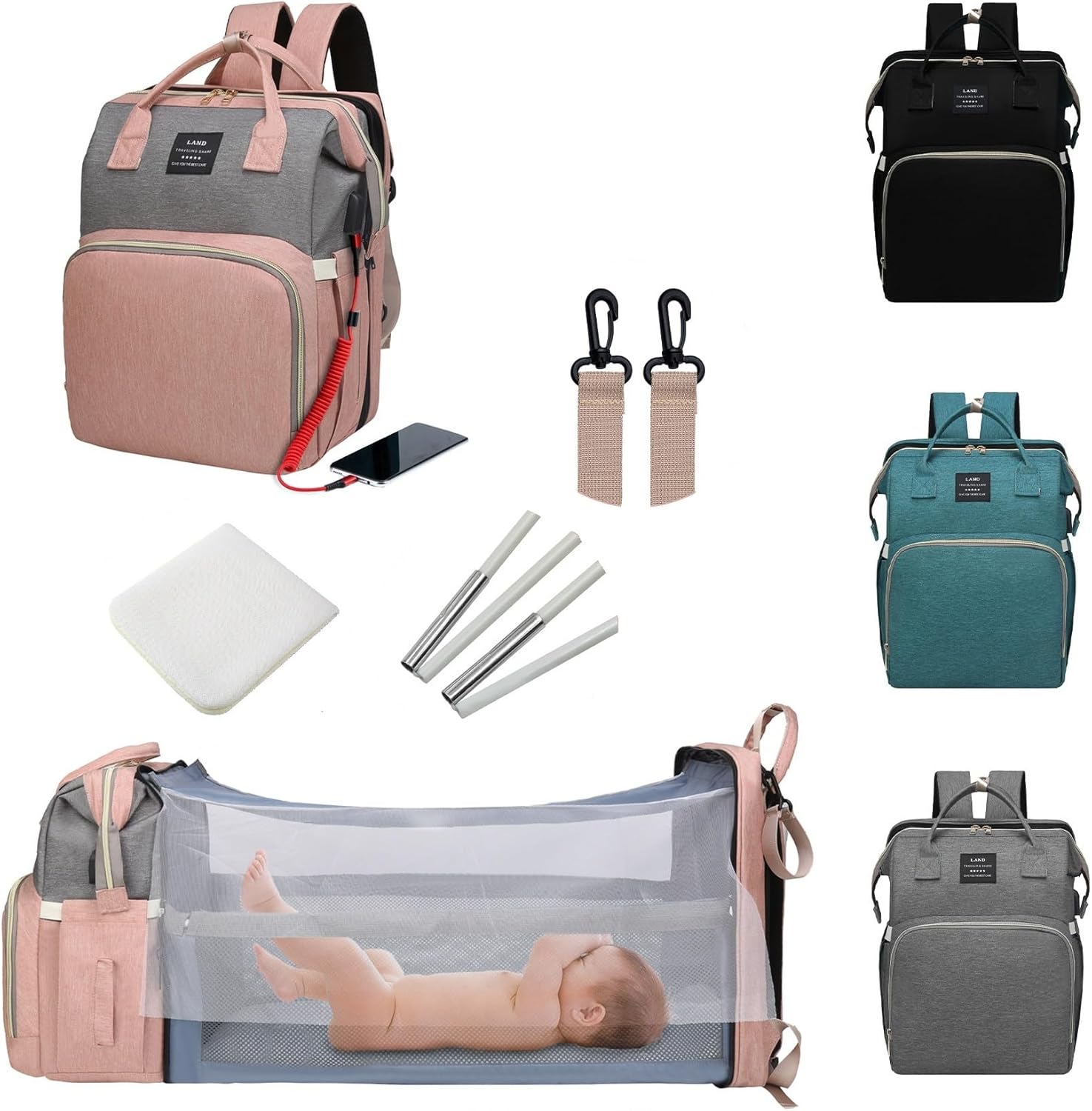 ANWTOTU diaper bag backpack in pink and grey front view showing premium zipper compartments