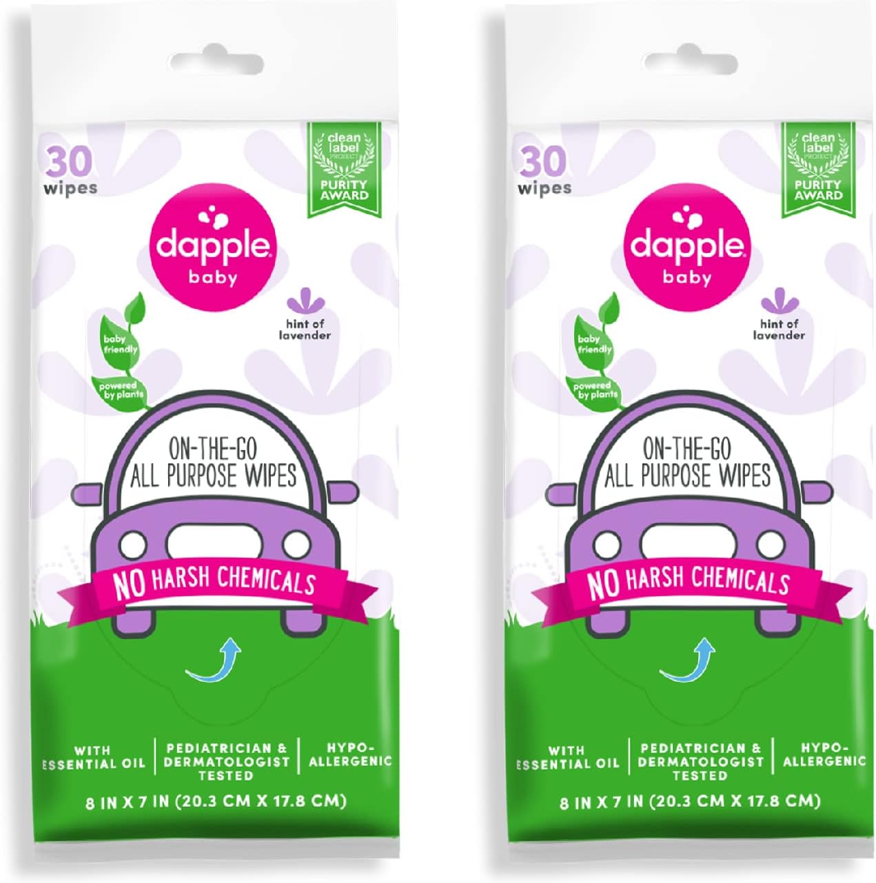 Dapple Baby All Purpose Wipes Hint of Lavender 2 Pack front view plant-based cleaning.
