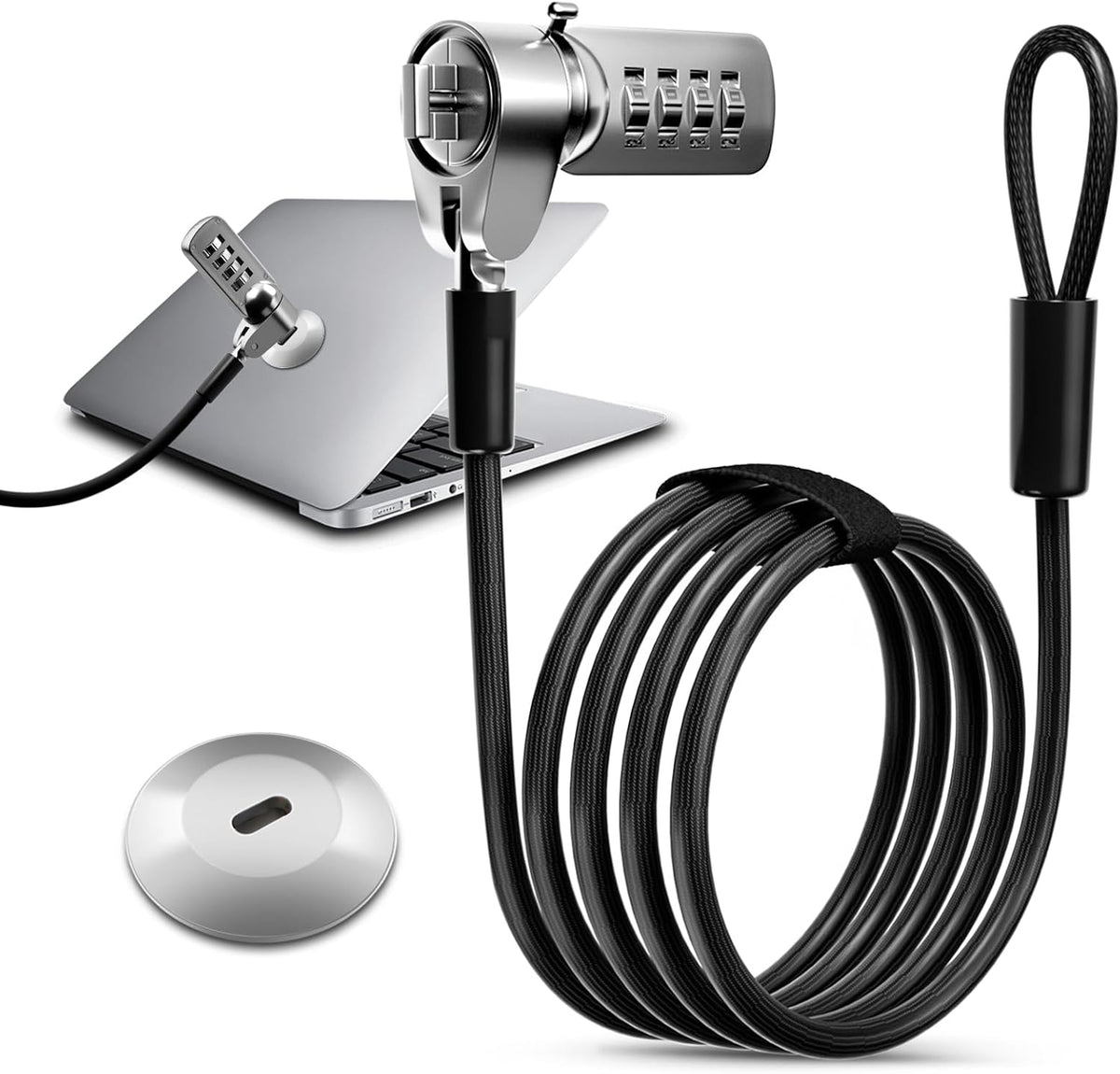 DDONG computer laptop lock front view showing the 4-digit combination head and steel cable.