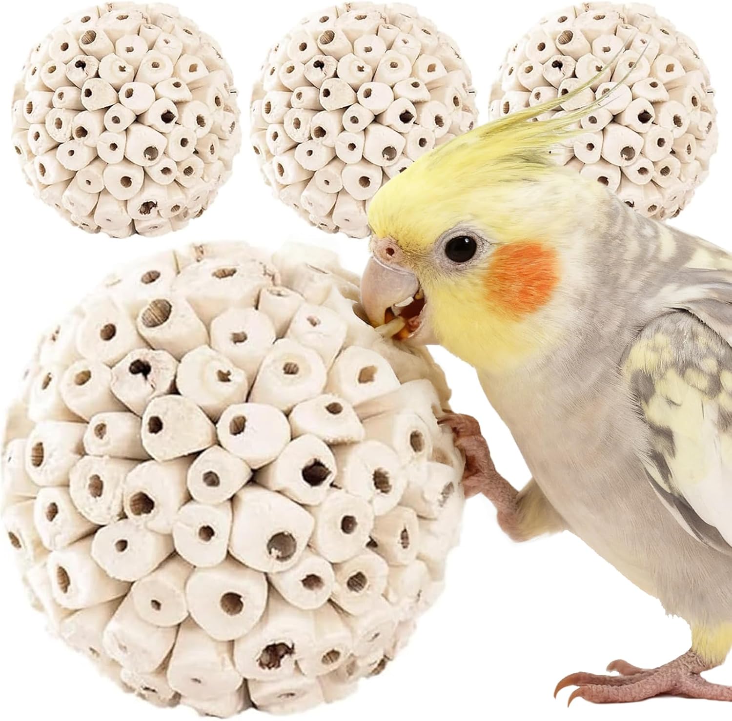 Zephyriel bird toys sola balls 4 pack front view showcasing natural white porous textured foraging spheres for small parrots