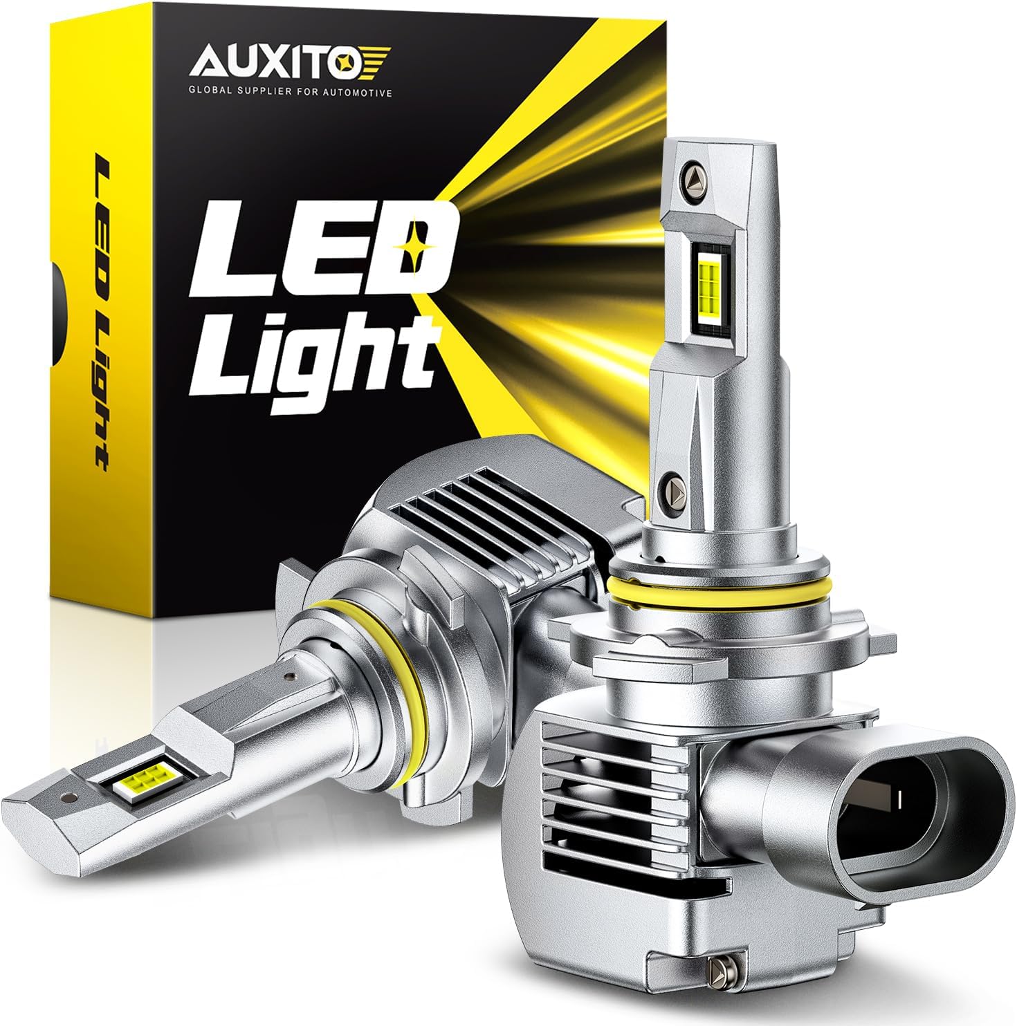 AUXITO 9012 HIR2 LED headlight bulbs front view showcasing compact wireless plug and play construction.