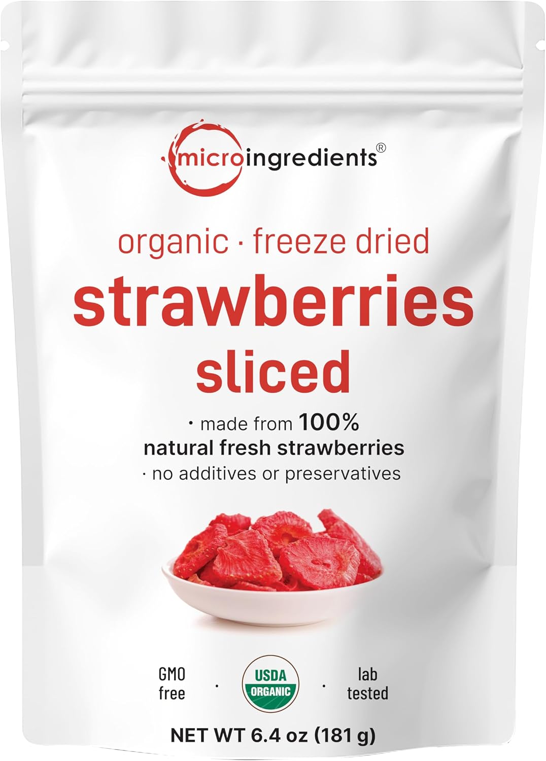 Micro Ingredients organic freeze-dried strawberries front view packaging