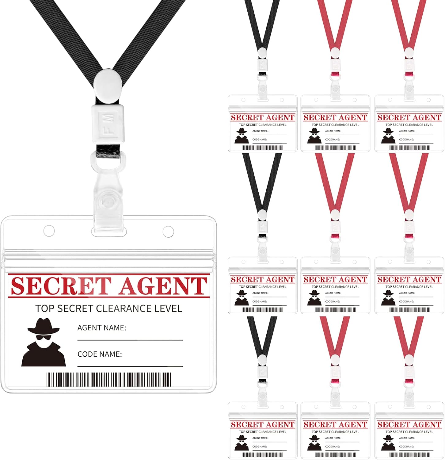 DLUGOPIS secret agent name tags front view showing clear plastic spy badges with top secret clearance text