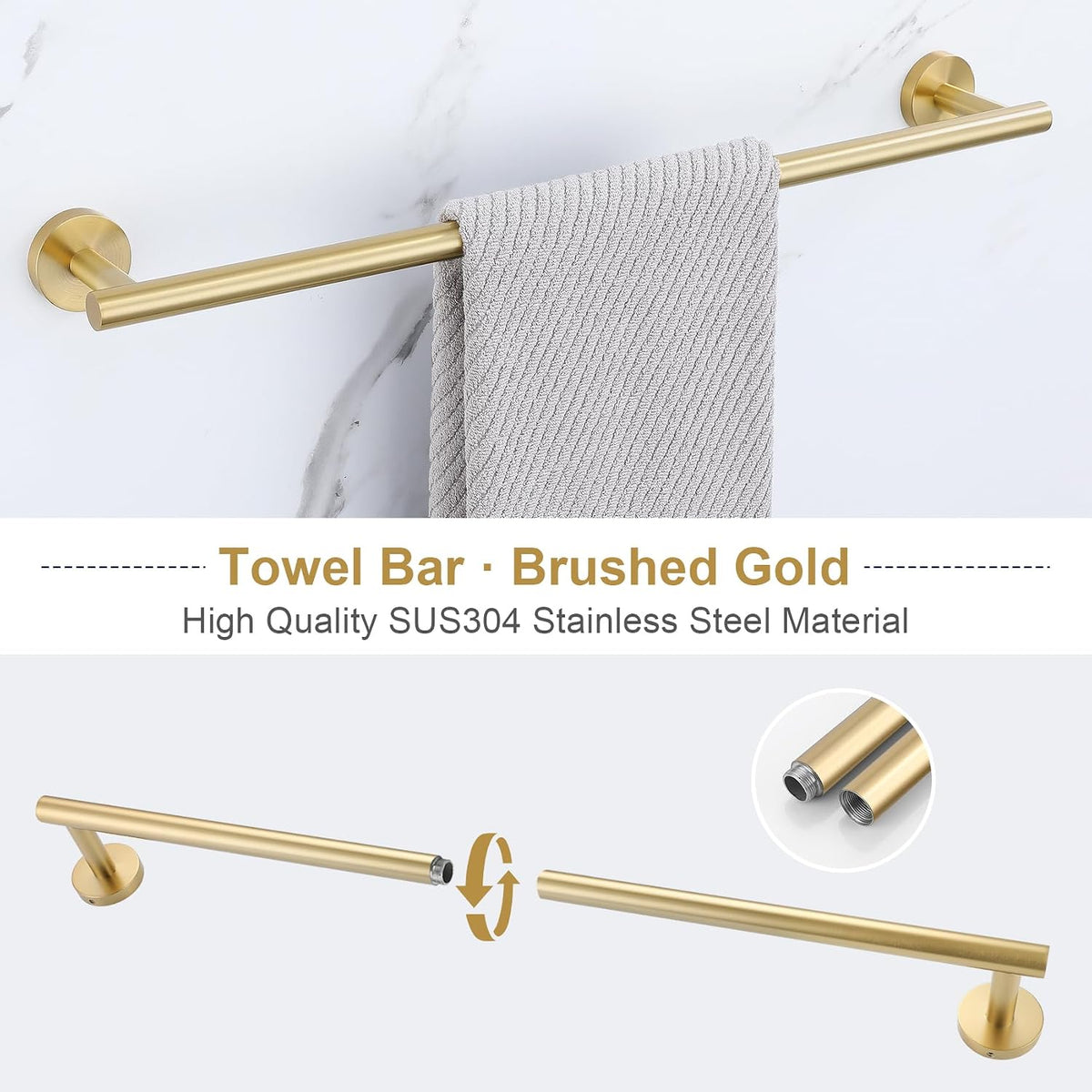 Lairuier brushed gold 23.6 inch towel bar mounted on wall