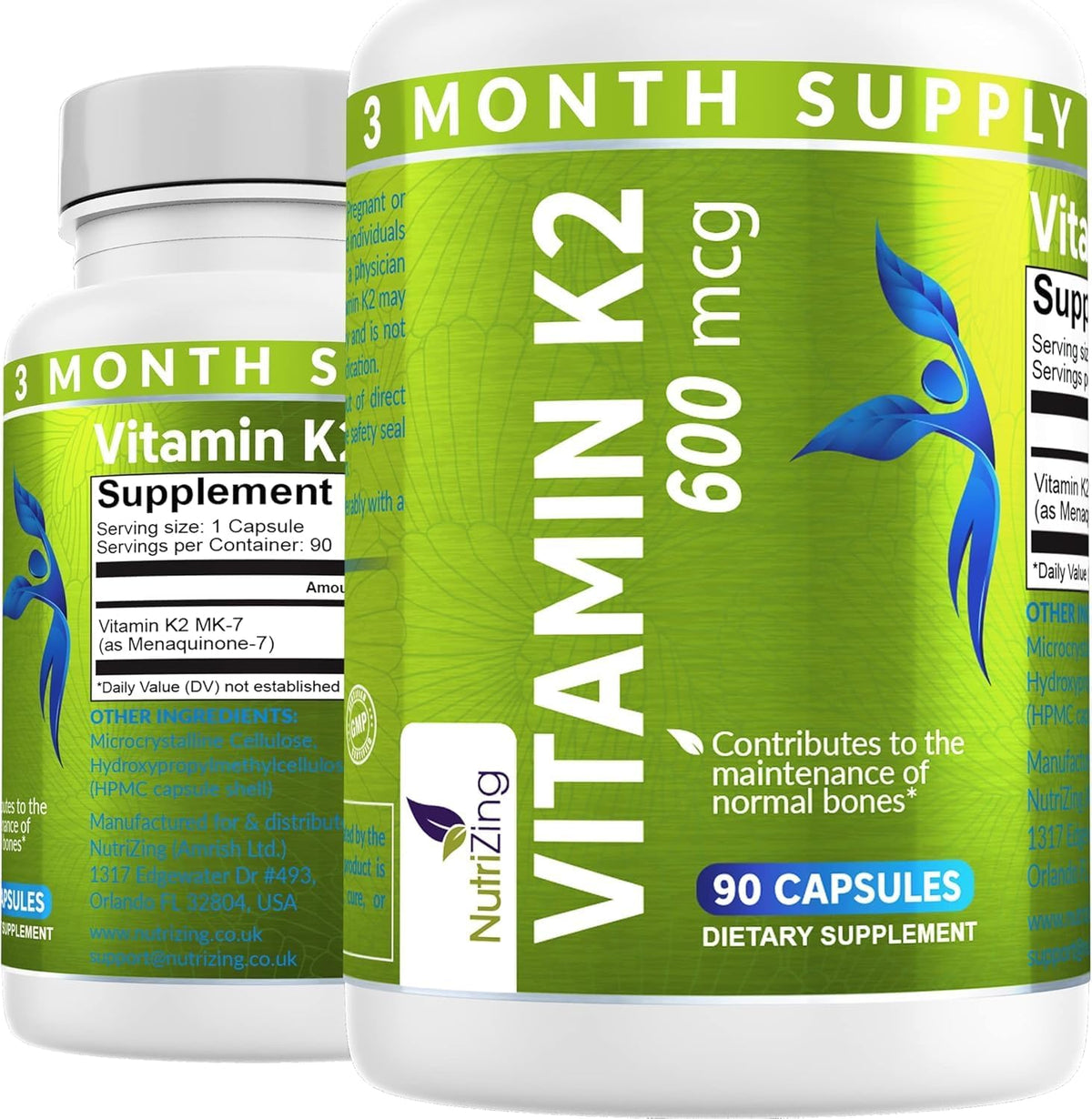NutriZing Vitamin K2 MK7 600mcg 90 Vegan Capsules supplement bottle front view