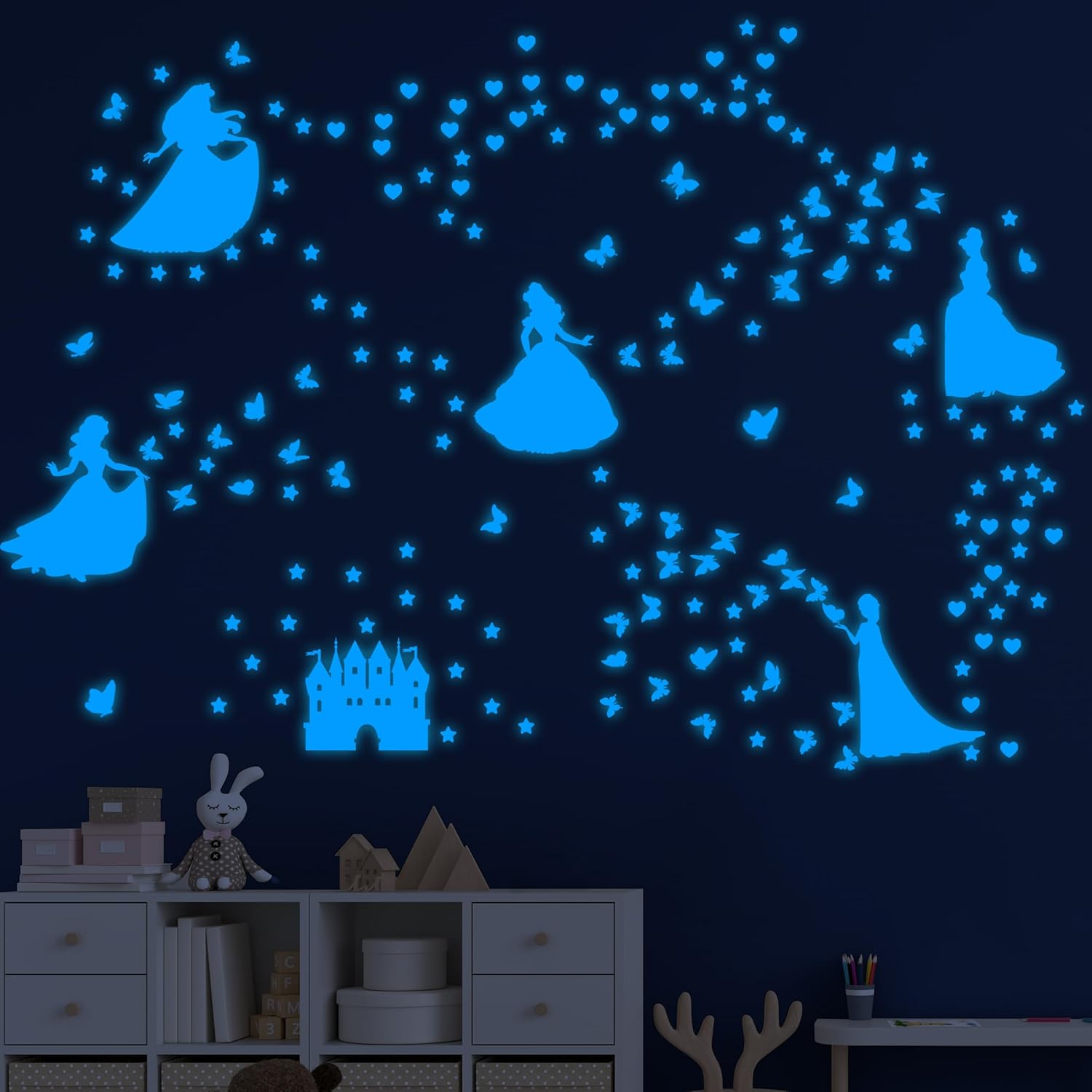 Robmoda glow in the dark princess castle wall sticker set blue